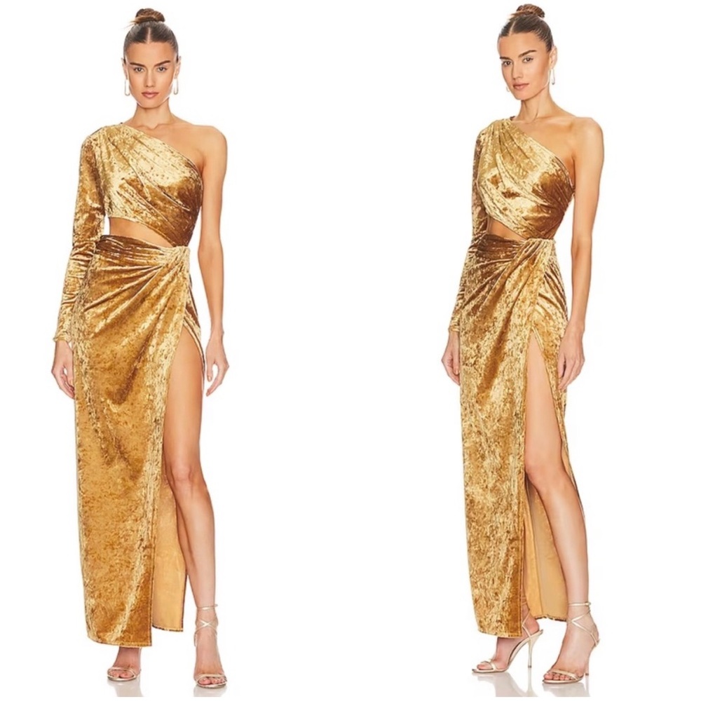 Ronny Kobo Collection Gold Velvet One-Shoulder Gown Size Small